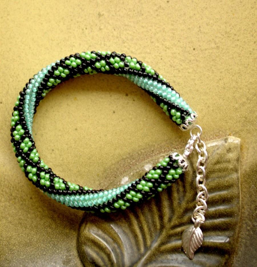 Mariage - Bead Crochet Bracelet, Seed Bead Bracelet, Beadwork Jewelry, for Women, Elegant Bracelet , Black, Green, Handmade Bracelet, Браслет.