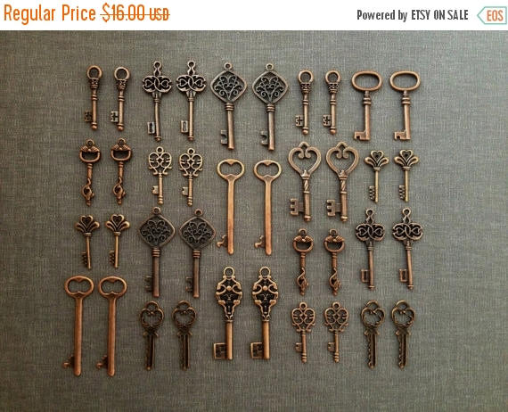 BC1616 2 Skeleton Key Charms Antique Copper Tone 2 Sided Large Size 