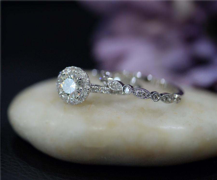 Mariage - Charles & Colvard Round Moissanite Ring Set Diamond Accent Solid 14K White Gold Ring Set Engagement Ring Set Wedding Ring Set Bridal  Set