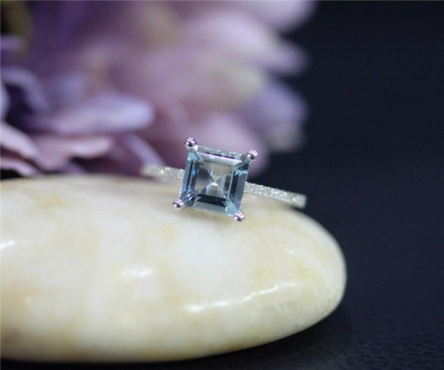 زفاف - Princess Cut VS Aquamarine Ring 7mm White Gold Ring solid 14K Diamond Wedding Ring Promise Ring Engagement Ring Match Ring