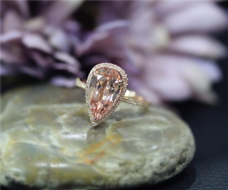 Hochzeit - Larger Stone 3ctw Pear Shaped Natural Pink Morganite Ring Solid 14K Rose Gold ring Wedding Ring Stackable Wedding Ring Anniversary Ring
