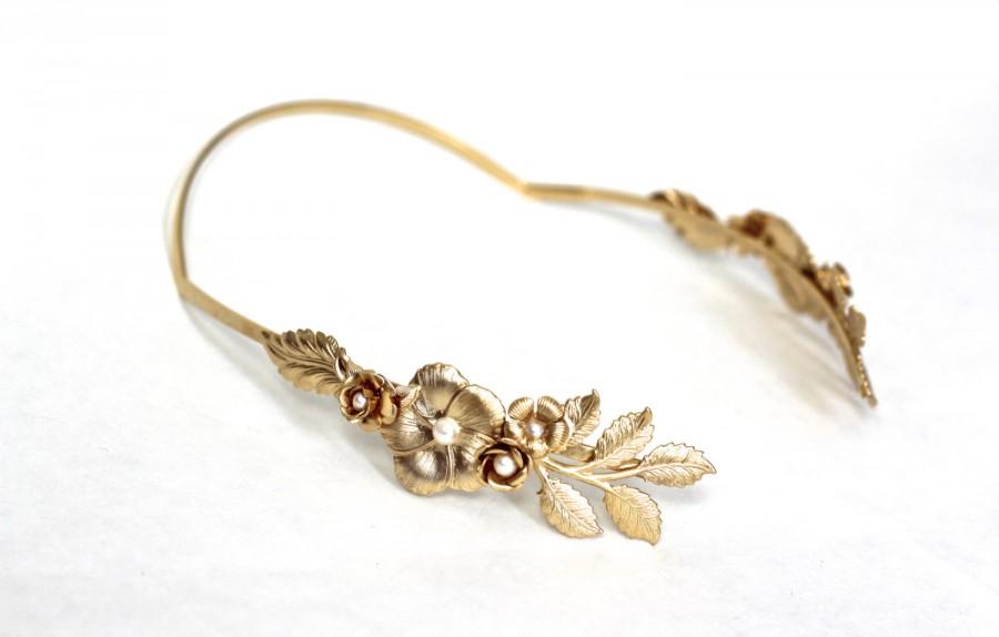 Mariage - Medium Blooming Floral Crown, Greek Goddess Headband, Roman Tiara, Bridal Hair Accessory, Golden Floral Wreath, Flower Crown, Gold Flowers