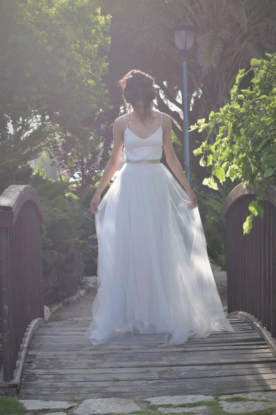 Wedding - Amelia- Romantic wedding dress with lace top and tule skirt, boho wedding dress, beach wedding dress
