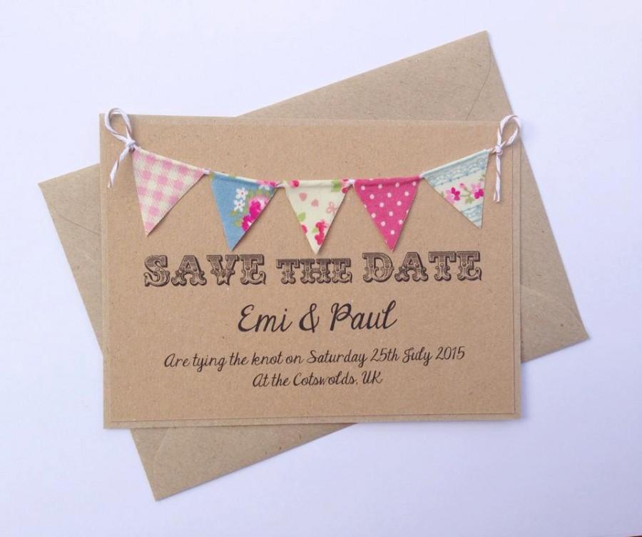 Hochzeit - Save The Date Fabric Bunting Wedding Invitation. Kraft card with soft patchwork bunting. Rustic Wedding
