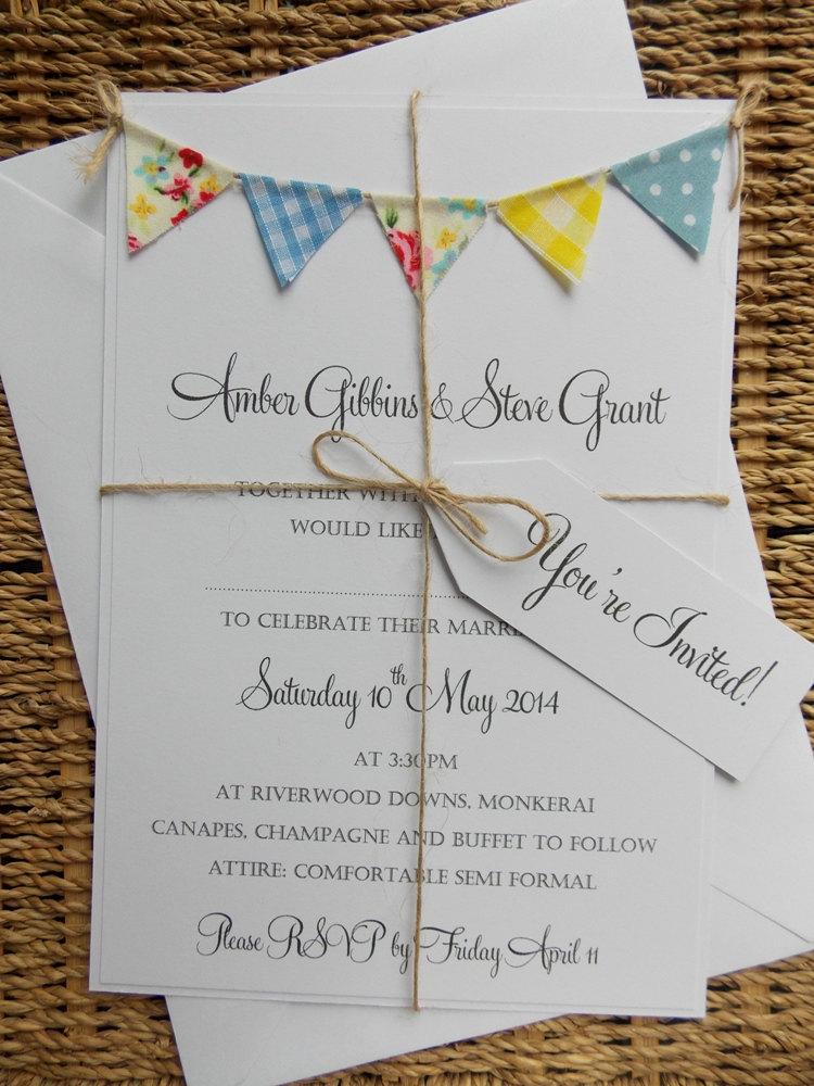 Hochzeit - Rustic Summer Wedding Invitation. 'Vintage Spring' Unique and Quirky invite. Blue and yellow gingham, polka dots and floral bunting