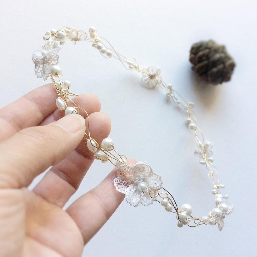 Wedding - Boho gold circlet with pearl beads and lace flowers, ivory wedding crown, rustic wedding hair accessories, boho headpiece, wedding hair vine