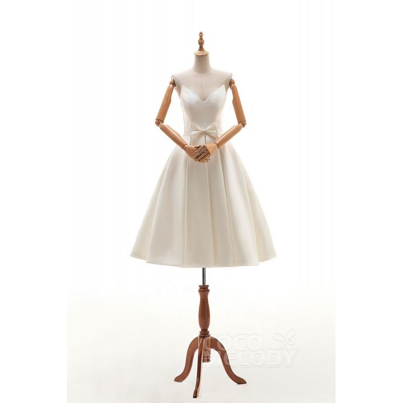 Hochzeit - Glorious A-Line V-Neck Natural Knee Length Satin Ivory Sleeveless Lace Up-Corset Wedding Dress Bowknot - Top Designer Wedding Online-Shop