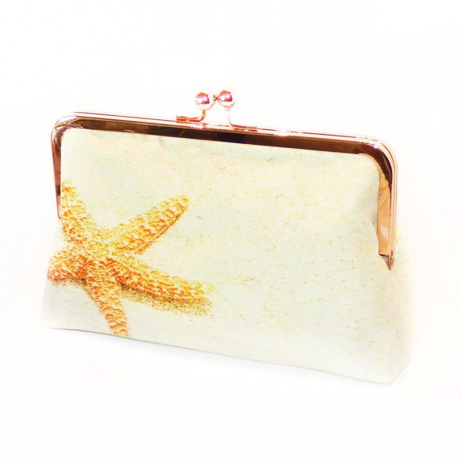 زفاف - Starfish printed Silk clutch Bag perfect for beach wedding, Luxury Handmade Clutch, Marinelife birthday gift. beach party, gift for her