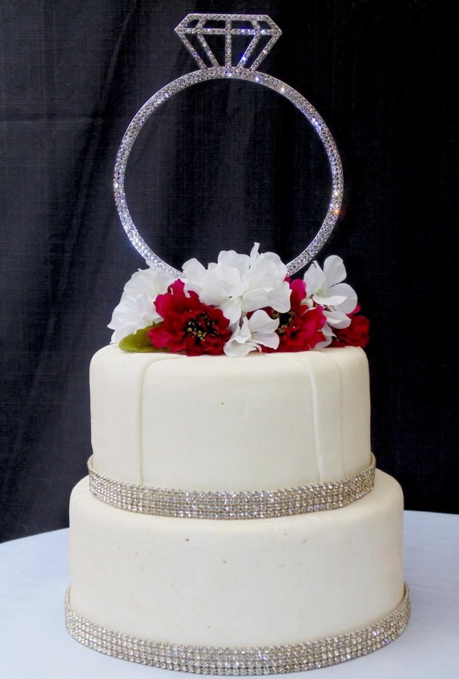 Hochzeit - Single Extravagant Large Silver Rhinestone Wedding Ring Cake Topper by Forbes Favors