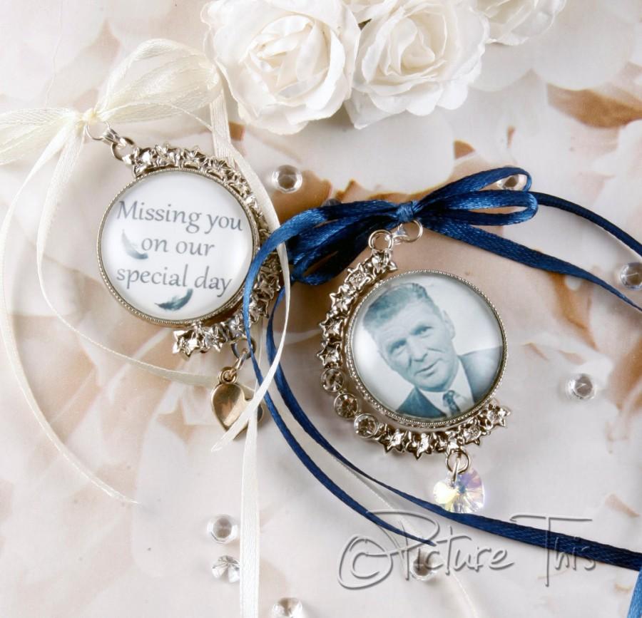 Mariage - Double sided Diamante bouquet charm, Custom Wedding Bouquet charm,  Custom photo charm, Bridal Bouquet photo charm, Memorial bouquet charm.