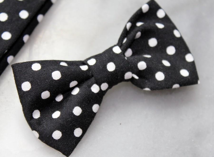 زفاف - Black and white polka dot Bow Tie -  Clip On, pre-tied with adjustable strap or self tying