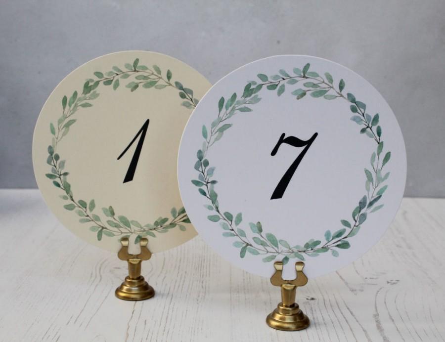 زفاف - Wedding Table Numbers Cards - Round Wedding Table Numbers -  Round  Water Color Table Numbers - Green Wreath Table Number