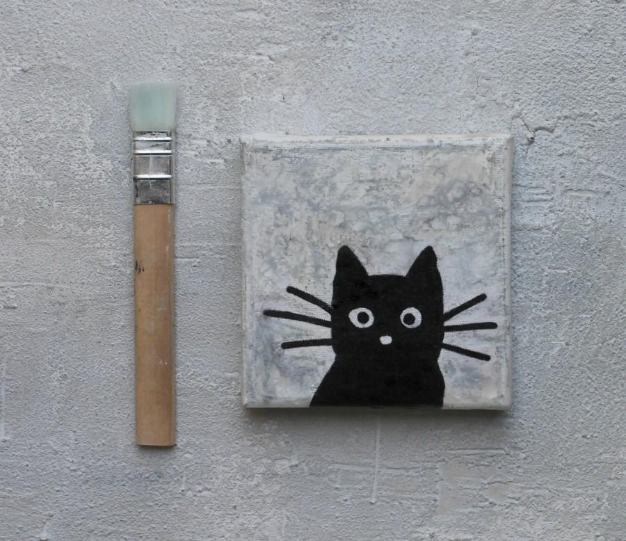 زفاف - Black-cat, Abstract painting, Encaustic, cat-painting, mixed media, grey, 4x4, contemporary art, acrylic painting, USA, impasto painting