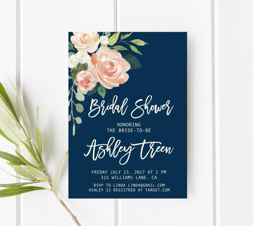 Hochzeit - Navy and blush bridal shower invitation, Peach bridal shower invitation, Floral bridal shower invitation, Printable bridal shower invitation
