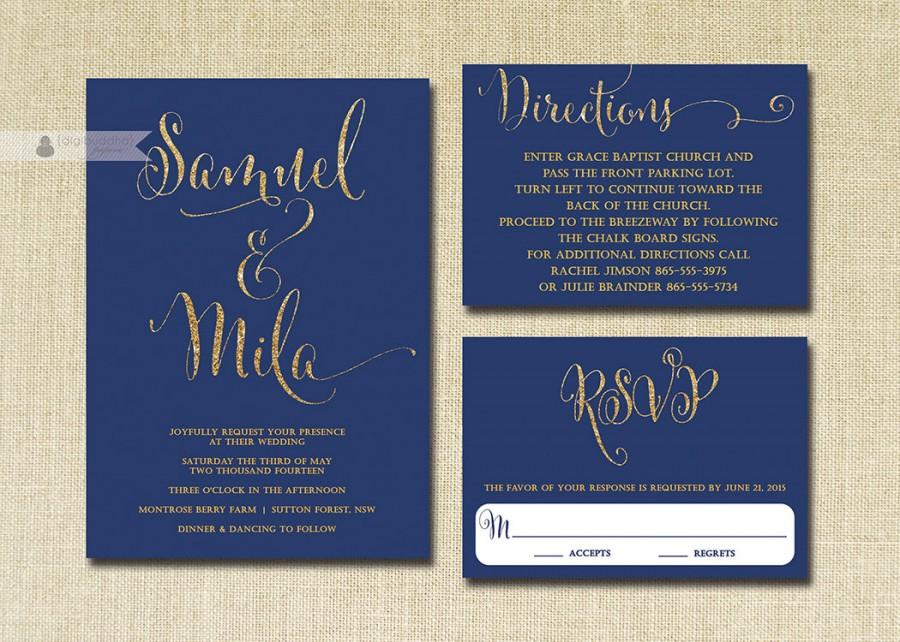 Wedding - Navy & Gold Glitter Wedding Invitation RSVP Info Card 3 Piece Suite Modern Deco Chic Vintage Glam Sparkle Navy Blue DIY or Printed - Mila