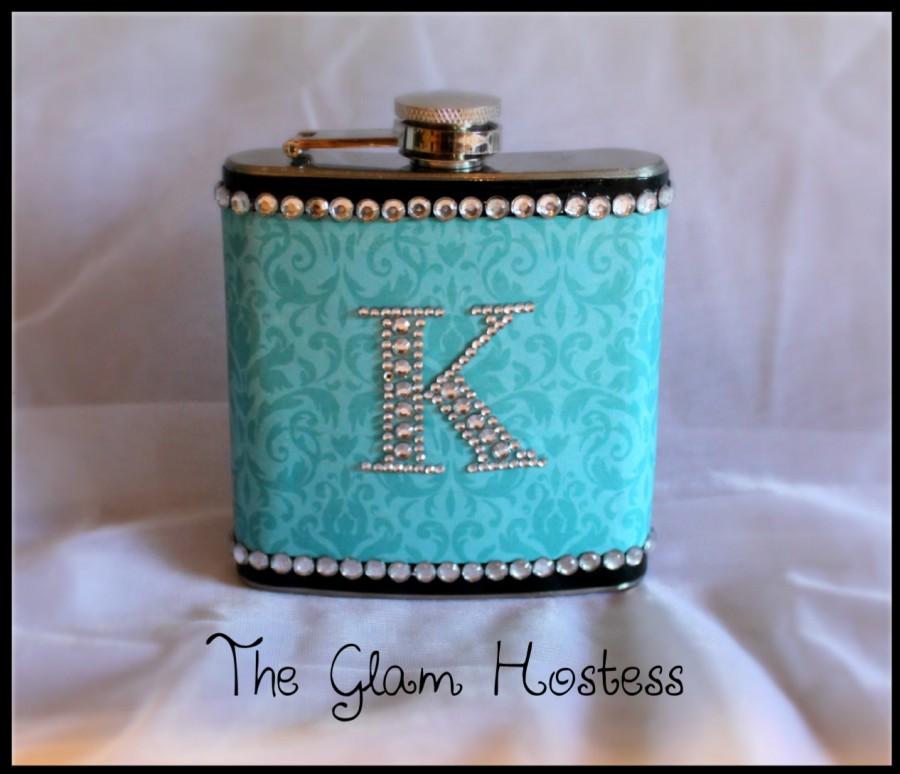 Hochzeit - Aqua Damask Glam Flask with Rhinestone Trim and Initial