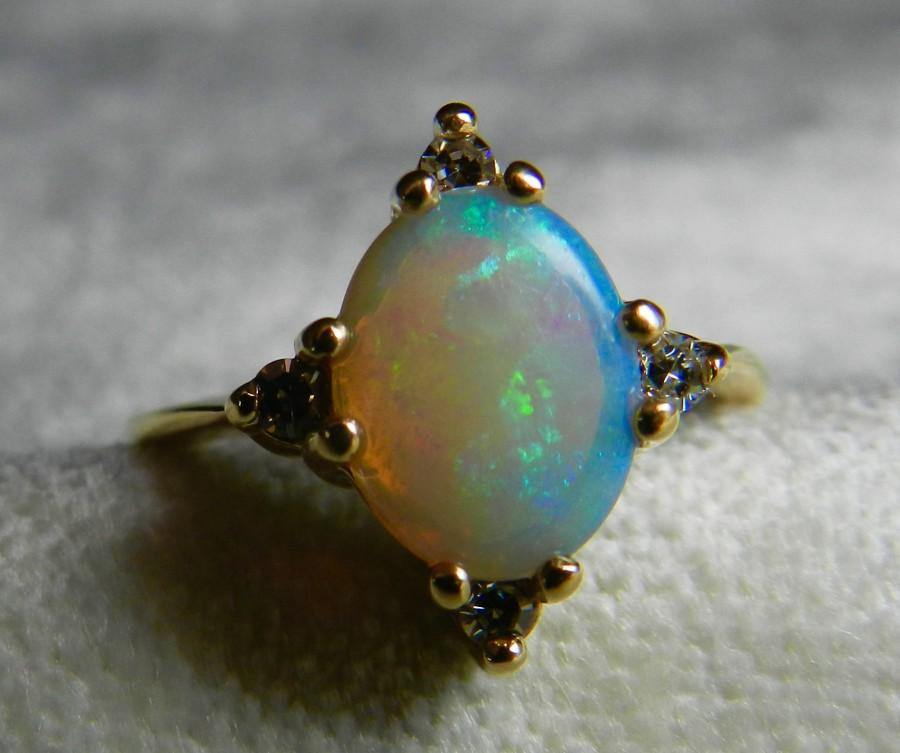 Wedding - Opal Ring 14K Opal Engagement Ring Antique Australian Opal Diamond Ring October Birthday Libra Unique Vintage Engagement Rings Opal Jewelry