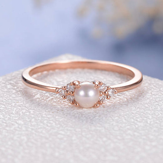 زفاف - Mothers Day Birthday Gift White Akoya Pearl Engagement Ring Rose Gold Wedding Bridal Set Stacking Cluster Diamond Minimalist Thin Promise