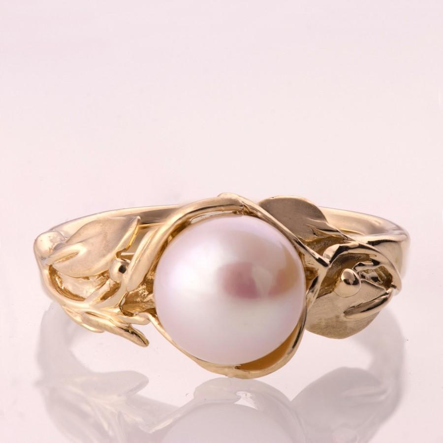 Wedding - Leaves Engagement Ring No. 10 - 14K Gold and Pearl engagement ring, unique engagement ring, leaf ring, leaves pearl ring, art nouveau