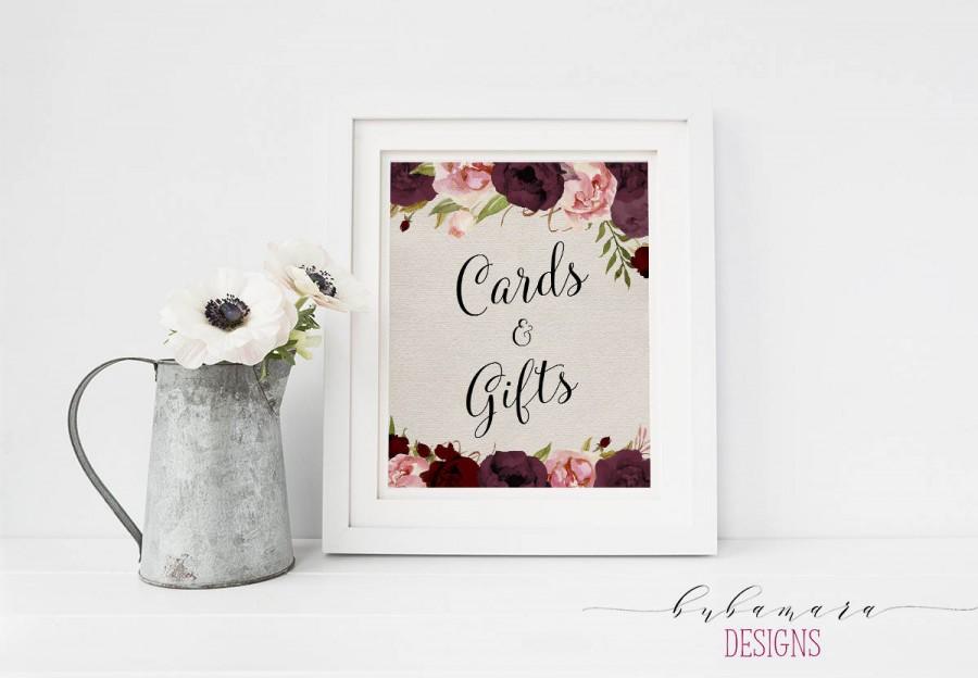 زفاف - Digital Burgundy Cards and Gifts Sign Wedding Floral Table Sign Marsala Printable Wedding Boho Set Decor Poster Sign 8x10 and 5x7 - WS015