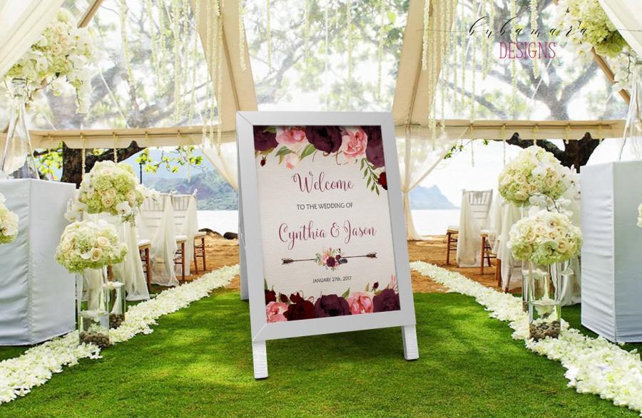 زفاف - Marsala Burgundy Flowers Wedding Welcome Sign Boho Floral Digital Wedding Reception Sign Bohemian Bridal Wedding Poster Tribal Sign - WS015