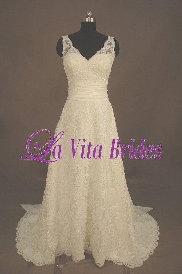Wedding - V neck lace wedding dress vintage look with sash