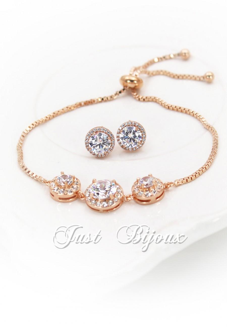 زفاف - Wedding Earrings Bracelet set Rose gold plated Zirconia Earrings Bracelet Wedding Jewelry Bridal Jewelry Wedding Earrings Bridesmaid Gift