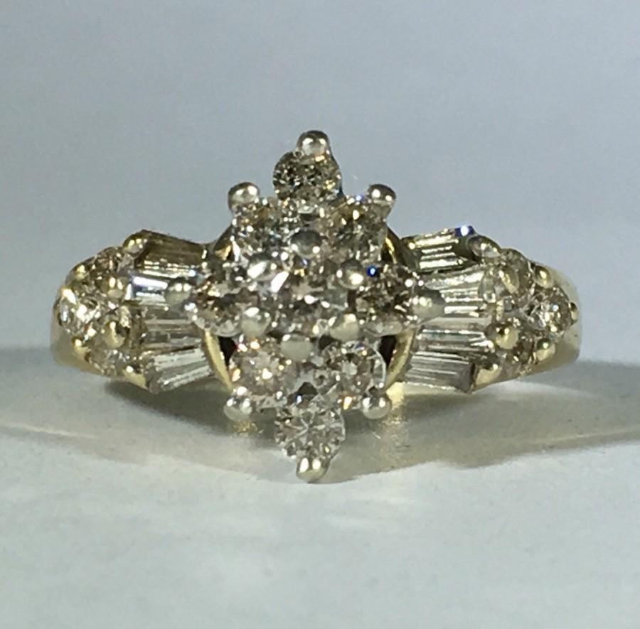 Mariage - Vintage Diamond Cluster Ring in 10K Yellow Gold. Art Deco Design with .75 TCW. Unique Engagement Ring. April Birthstone. 10 Year Anniversary