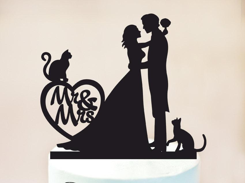 Mariage - Wedding cake topper with cat,silhouette cake topper with two cats,cats cake topper,Wedding Cake Topper,Personalized Cake Topper (1002)