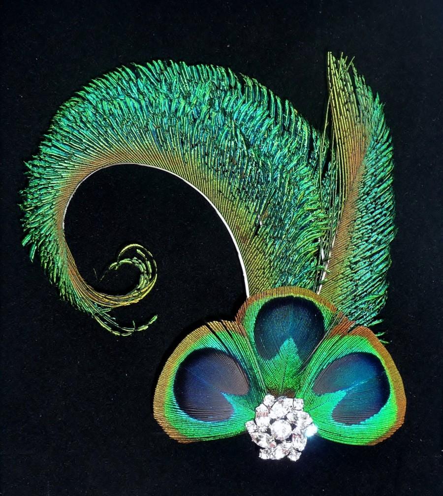 Mariage - Curled Peacock Feather Crystal Hair Clip Handmade Fascinator Wedding Bridesmaids Hair Accessory 'Catherine'