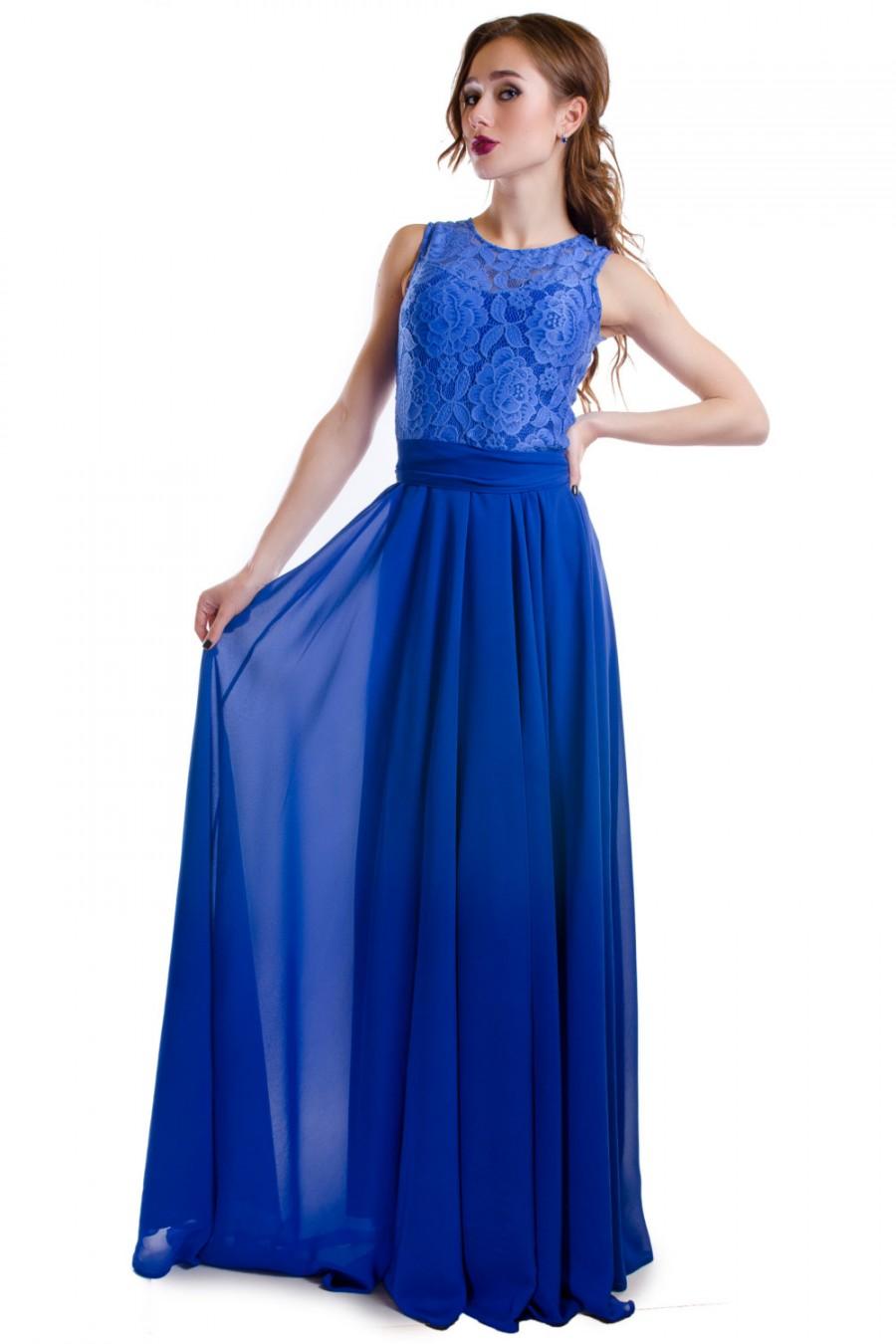 Royal Blue Floor Length Chiffon Dress.Bridesmaids Floral Dress Lace
