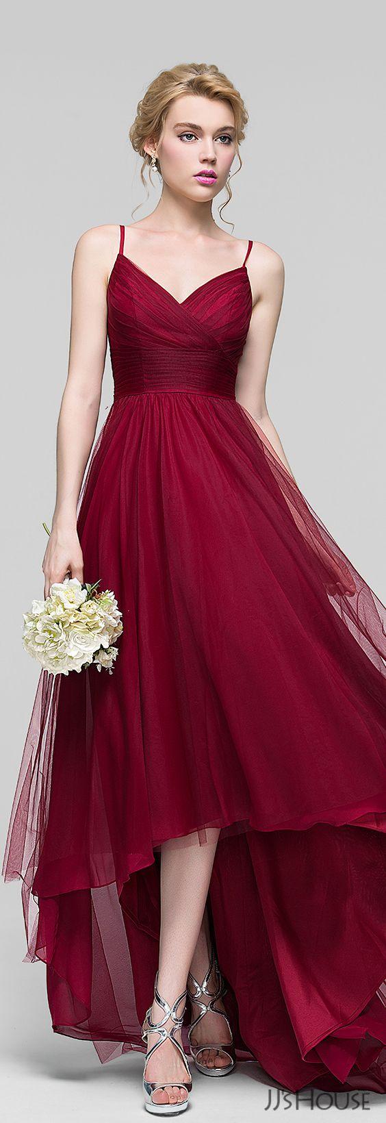 زفاف - A-Line/Princess V-neck Asymmetrical Tulle Bridesmaid Dress With Ruffle (007090206)