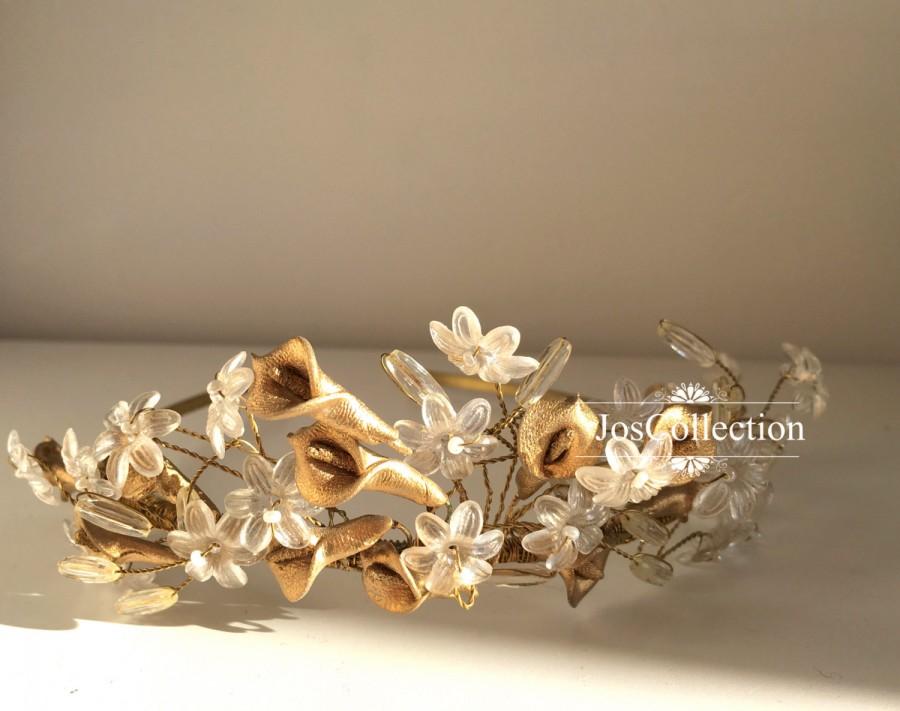 Hochzeit - Gold  Cala lily floral bridal headpiece with clear flowers and beads.