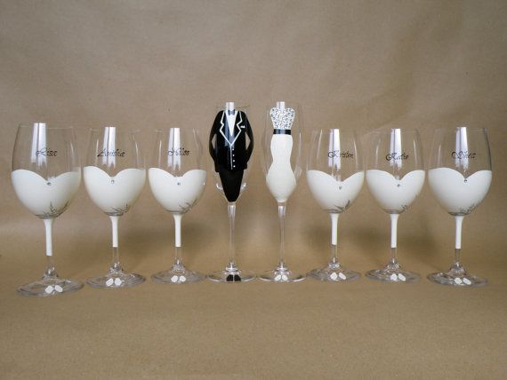 Hochzeit - Hand Painted Bridal Shower Party Glasses Wine Glasses And Champagne Flutes Suit And Dresses Decorated With Crystals