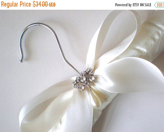 Wedding - ON SALE Chic Bridal Satin Hanger. Rhinstone and Drop Pearl. Shower GIFT Pearl Rhinestone Dress Guards. Bride Maids. Prom. Confirmation Dress