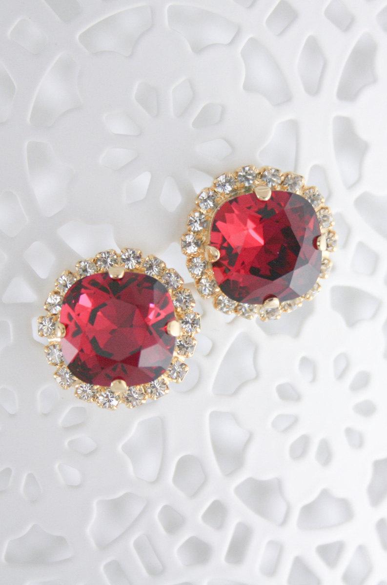 Wedding - Ruby earrings,Swarovski Ruby crystal earrings,ruby stud earrings,july birthstone,birthstone ruby,ruby wedding,red wedding,gold ruby earrings