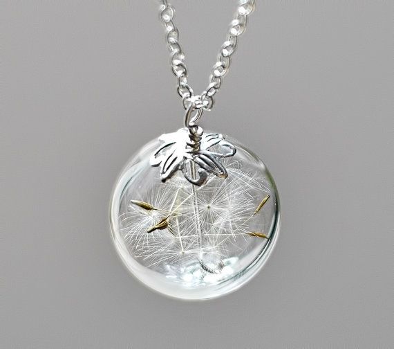 Hochzeit - Dandelion Necklace Silver Make A Wish Glass Bead Orb Dandelion Seed Transparent Round Beadwork Flower Botanical
