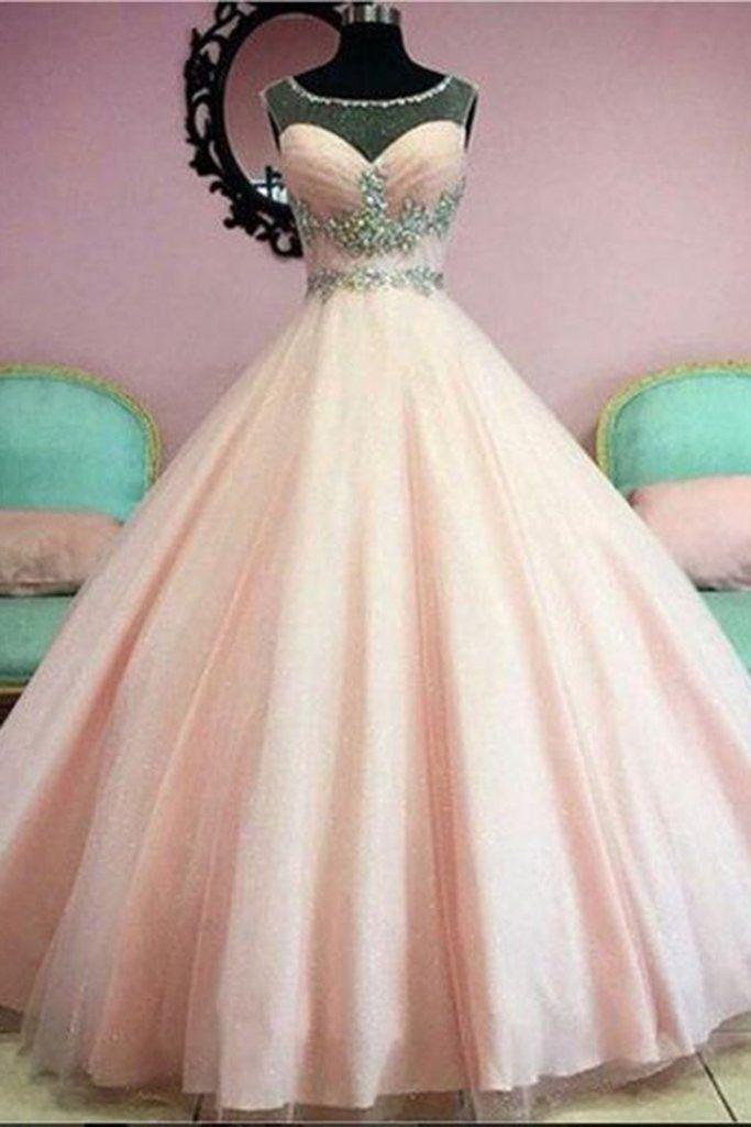 Wedding - Light Orange Organza Beading See-through Long Prom Dress, Princess Ball Gown Prom Dresses