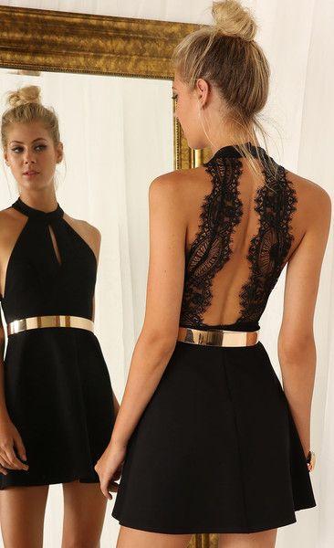 زفاف - Black Party Dress With Sexy Lace Back