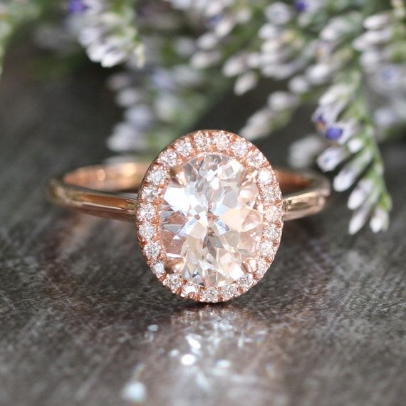 Wedding - 14k Rose Gold Halo Diamond Engagement Ring 9x7mm Oval White Topaz Gemstone Anniversary Ring (Bridal Wedding Ring Set Available)