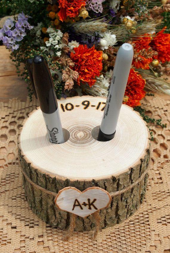Mariage - Wood PEN HOLDER - Guest Book - Wedding Table - Wood - Rustic Country Wedding - Brown