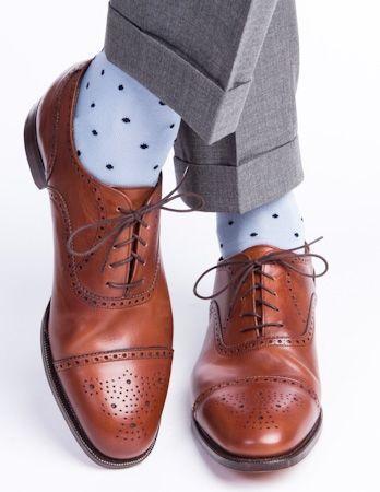 Mariage - Sky Blue With Navy Dot Cotton Sock Linked Toe Mid-Calf