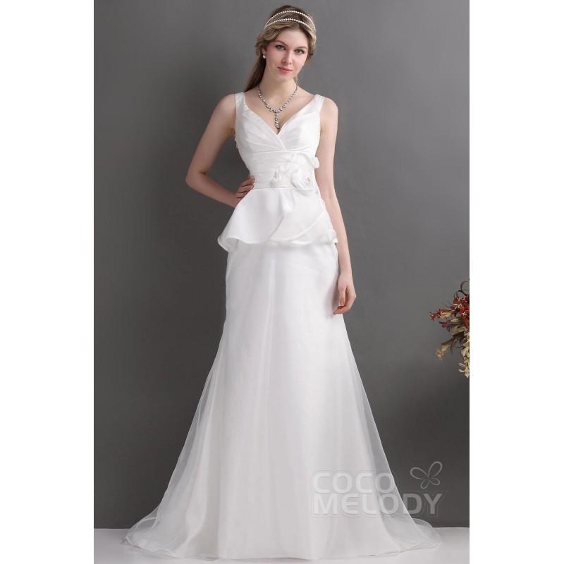 Mariage - Elegant Sheath-Column V-Neck Sweep-Brush Train Organza Ivory Sleeveless Open Back Wedding Dress With Peplum CWZT1302A - Top Designer Wedding Online-Shop