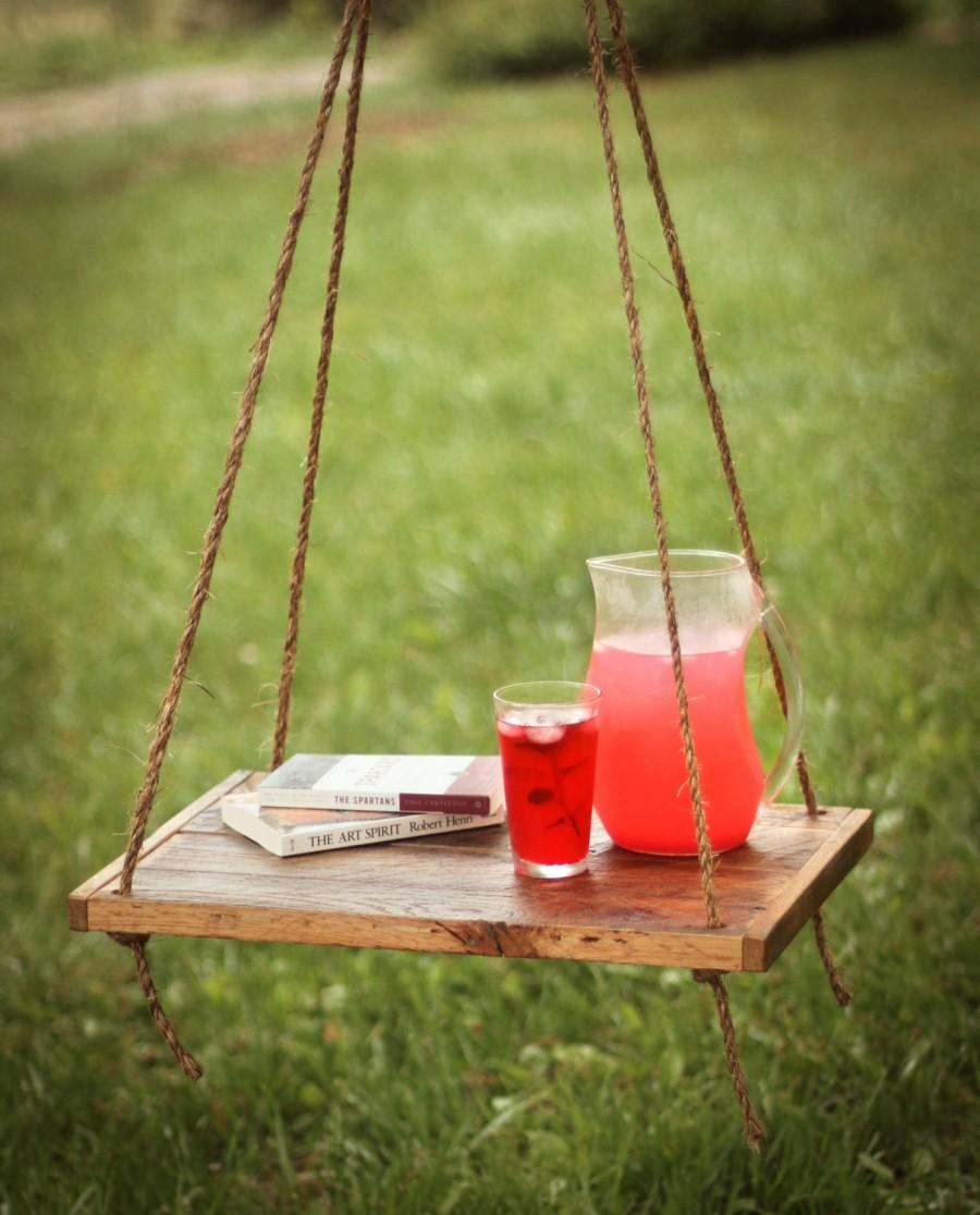 Wedding - Hammock table – Outdoor hanging table – Rope hung end table – Backyard patio – Reclaimed barn wood – Rustic outdoor furniture – Country farm