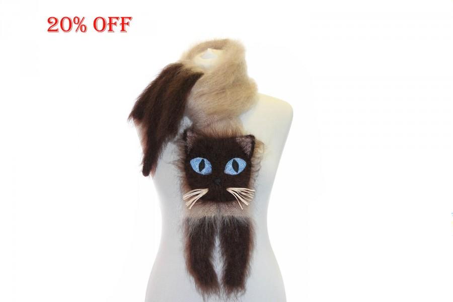 Wedding - SALE 20 % OFF / Siamese cat  Knitted Scarf / Fuzzy Soft Scarf / biege brown scarf /  animal scarf / Cat Breed Scarf / custom pet portrait