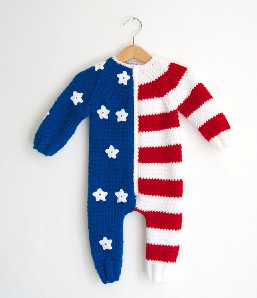 زفاف - Hand Knitted Wool American USA Flag Baby Romper,USA 4th of July Stars and Stripes American Flag baby romper