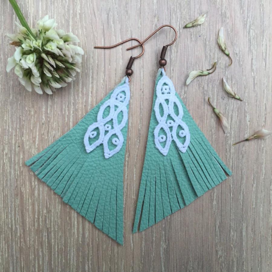 Hochzeit - Turquoise & white chandelier leather and lace Earrings "Pyramid" - boho earrings - chandelier earrings - unique jewelry