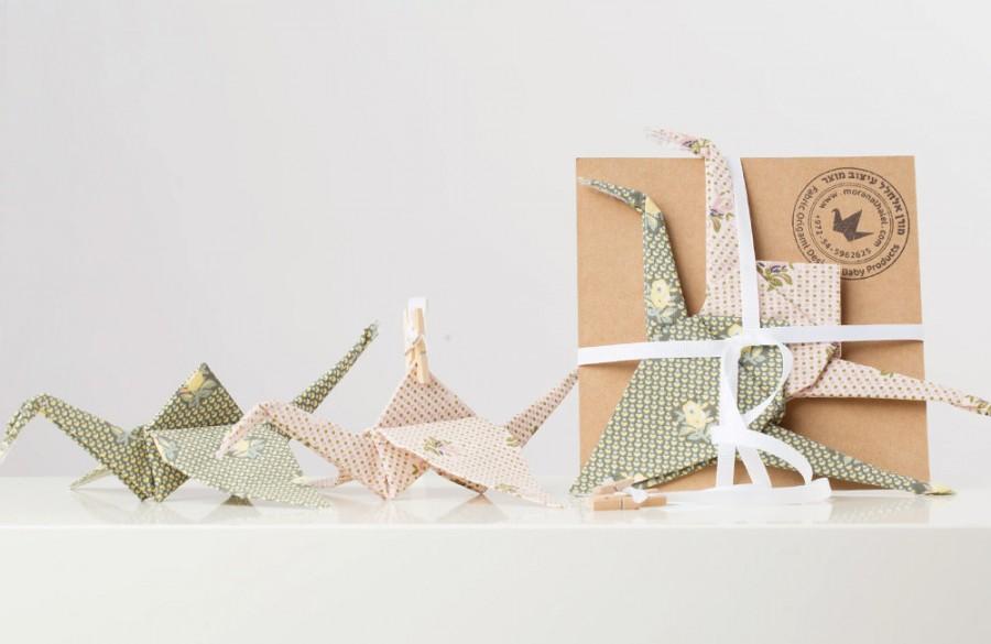 زفاف - Origami Crane mobile, origami Wedding gift, guests gifts, good luck symbol, 2 birds ornament, green olive and pink floral, VALENTINE'S DAY