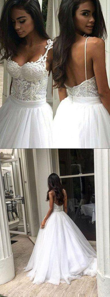 Свадьба - Elegant Sweep Train Backless Wedding Dress With Lace Top Spaghetti Straps