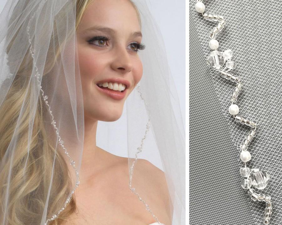 Hochzeit - Wedding Veil, 1 Layer, Crystal Wedding Veil, Pearl Bridal Veil, Veil in Ivory & White, Elbow Veil, Fingertip Veil, Cathedral Veil ~VB-5004